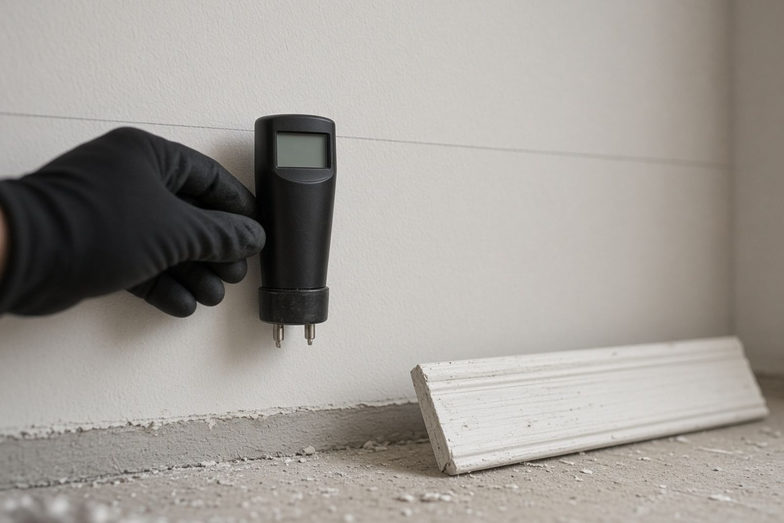 Gloved hand holding a moisture meter against lower drywall with the baseboard removed